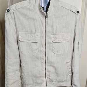 ZARA MAN XL Linen Cream Military Field Jacket with Stand-Up Collar